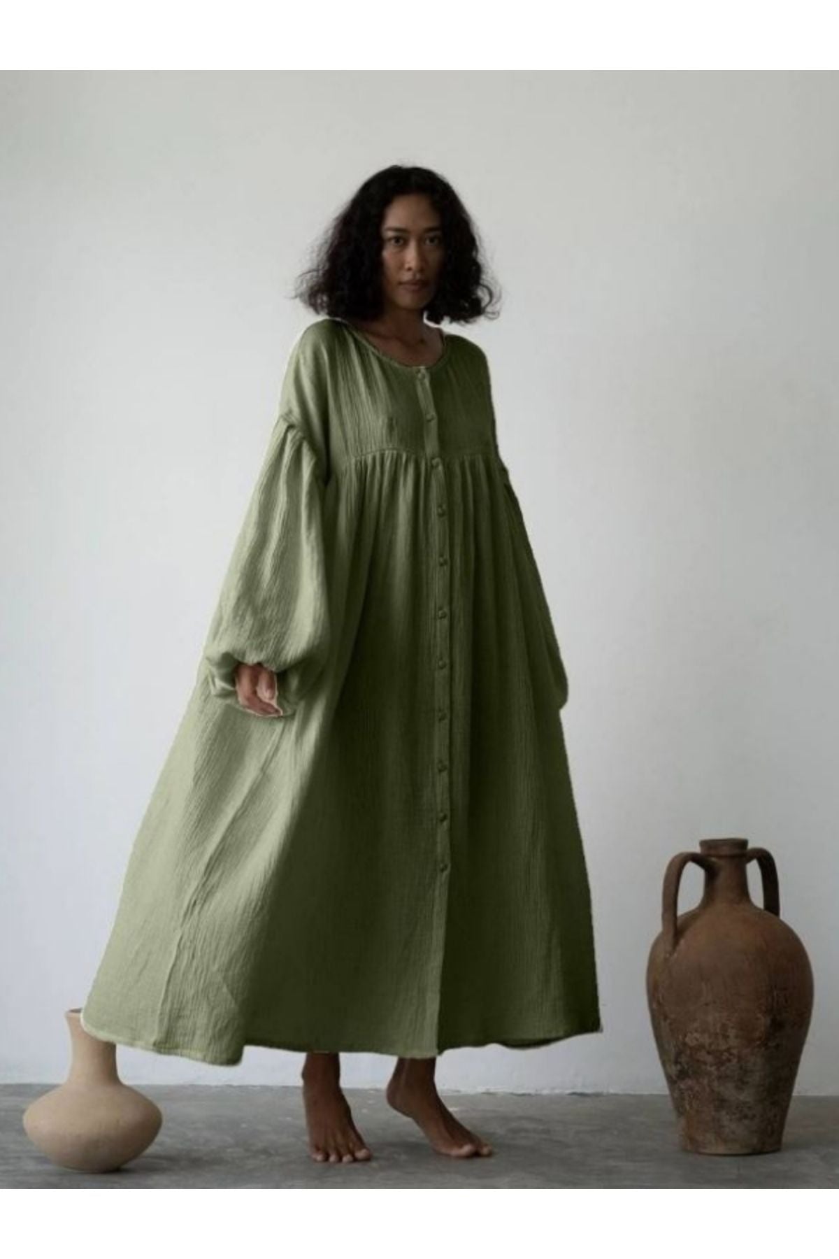 kadın Balon Kollu Müslin Oversize Giyçık Elbise