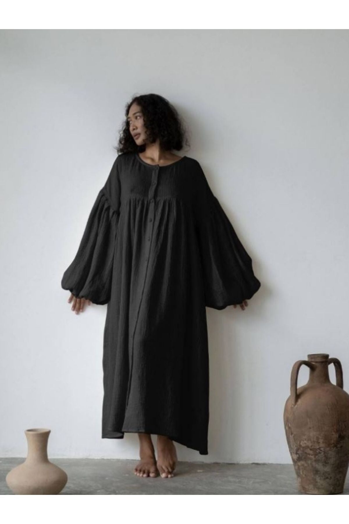 kadın Balon Kollu Müslin Oversize Giyçık Elbise